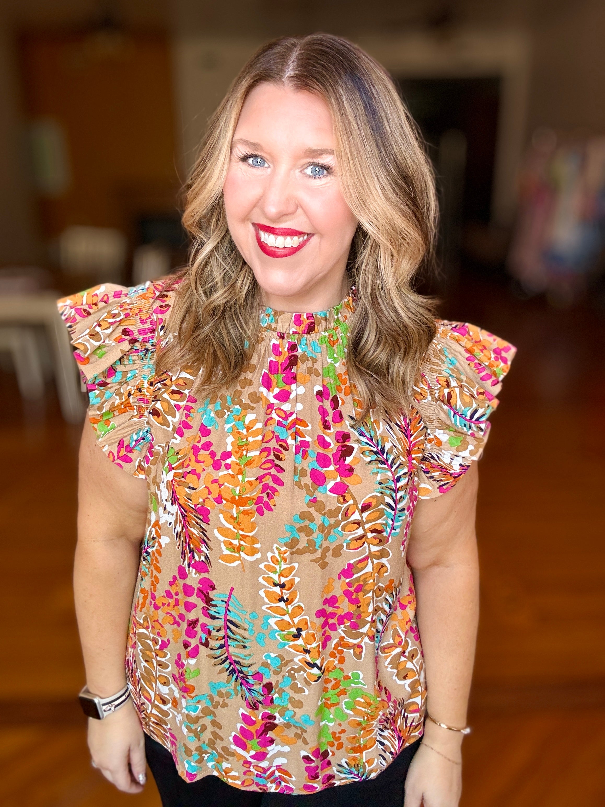 Abstract water color blouse ruffle neck keyhole back pink on